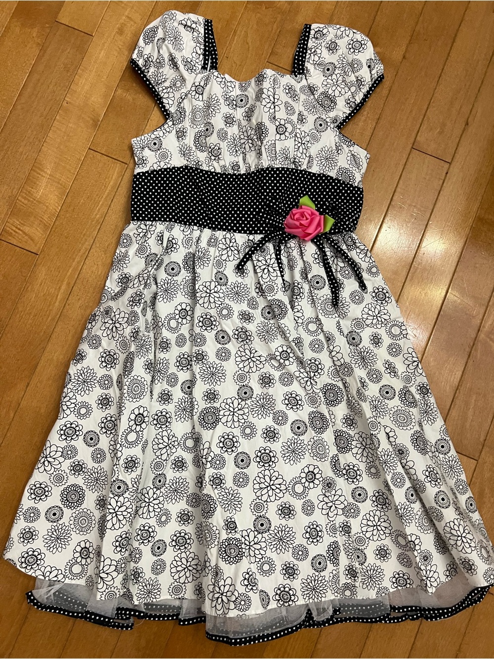 Jona Michelle Black & White Floral Dress with Pink Rose Accent